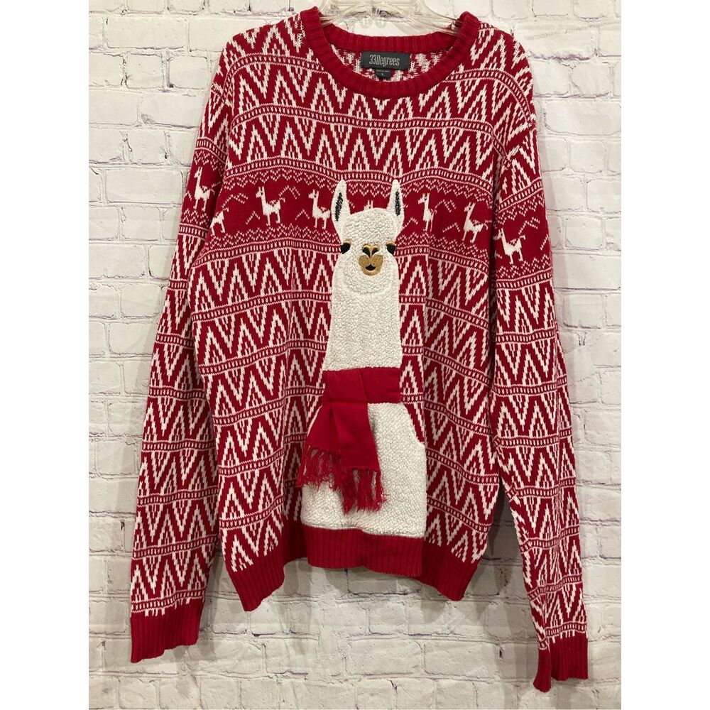 33Degrees Womens Mens Large Holiday Ugly Llama Sweater Red White 100% Cotton